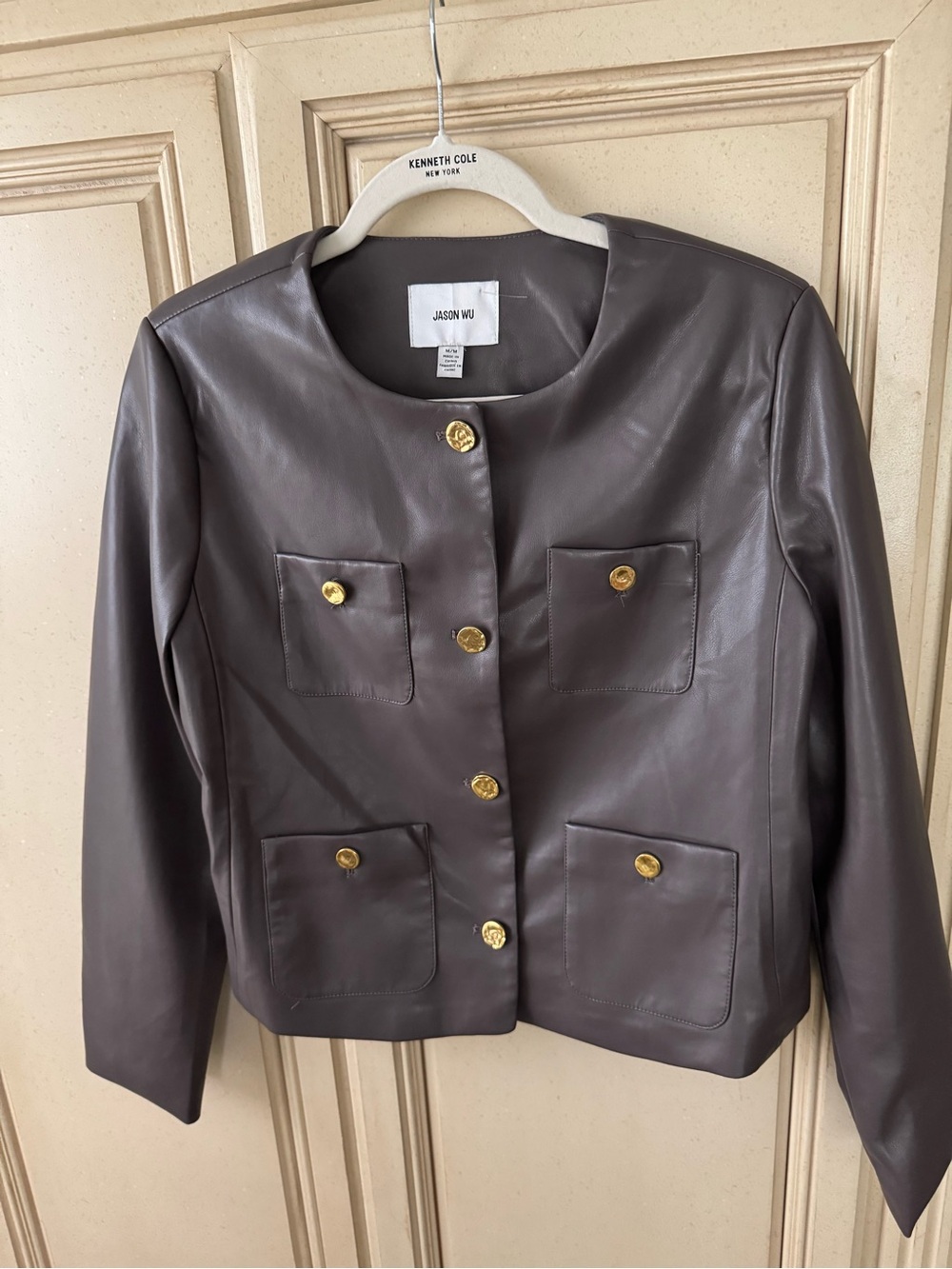 Jason Wu Dark Brown Leather Button-Front Jacket with Gold Buttons